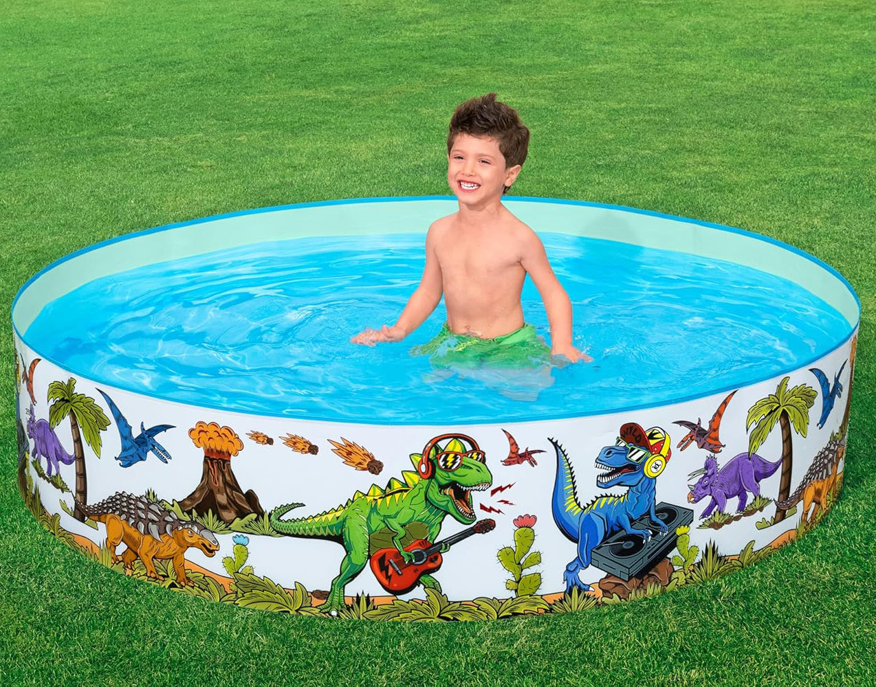 Piscina cu perete rigid model dinozauri muzicieni, Bestway, 1.83 x 0.38 m, perete din PVC, podea de vinil