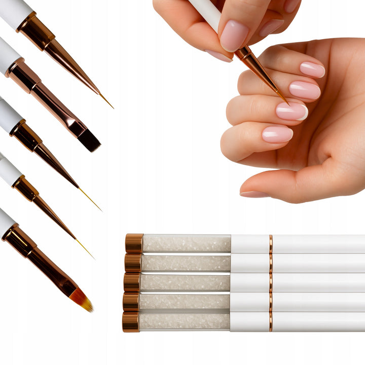 Set 5 pensule pentru manichiura si pedichiura, Zola, pentru modele precise, peri sintetici moi, capac de protectie, alb/rose gold