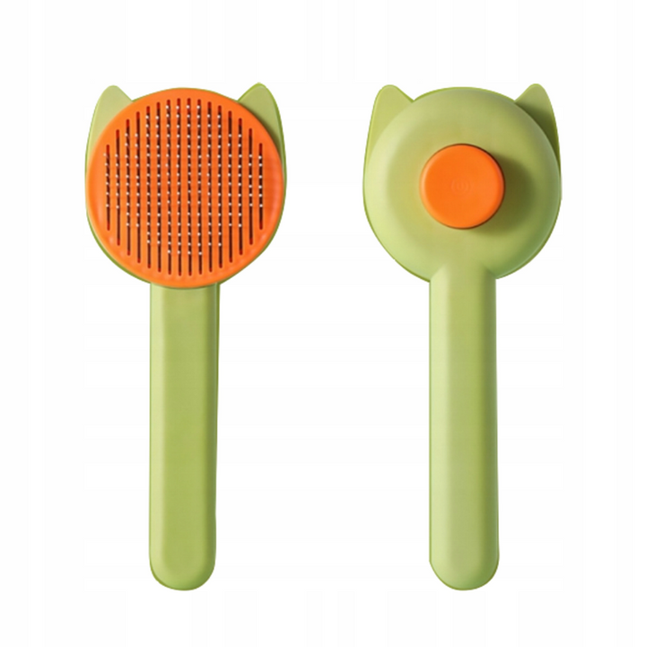 Perie pentru curatarea parului de pisici, Zola, cu buton pentru curatarea rapida, din plastic, verde/portocaliu