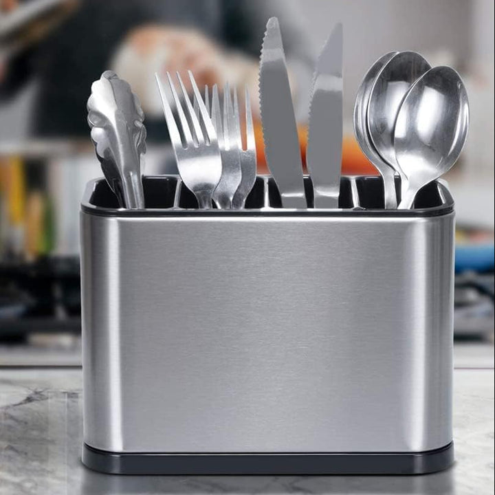 Recipient pentru tacamuri, Zola, 4 compartimente, scurgator, otel inoxidabil, 18 x 13.5 x 8.5 cm, gri/negru