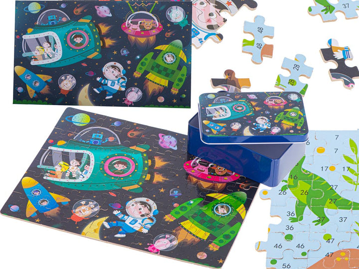 Puzzle din carton, Zola®, cu 2 fete, 100 de piese, cutie metalica pentru depozitare