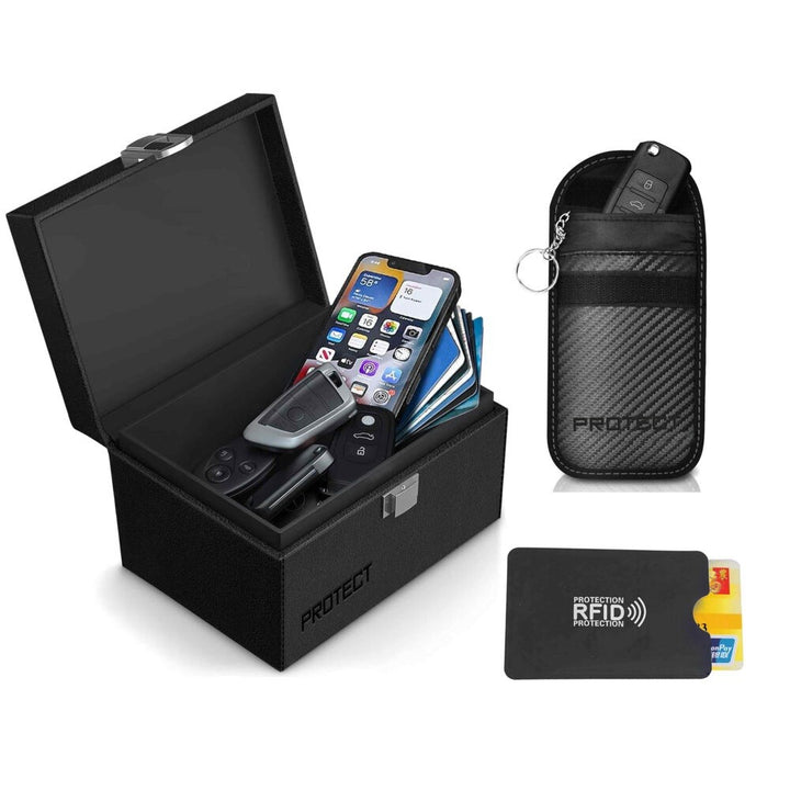 Set cutie antifurt, husa chei tip breloc, portcard cu protectie RFID, Zola, functie de blocare a semnalului Wifi, Bluetooth, NFC, GSM, 10kHz-30GHz, dimensiuni cutie 18 x 13 x 11 cm, negru