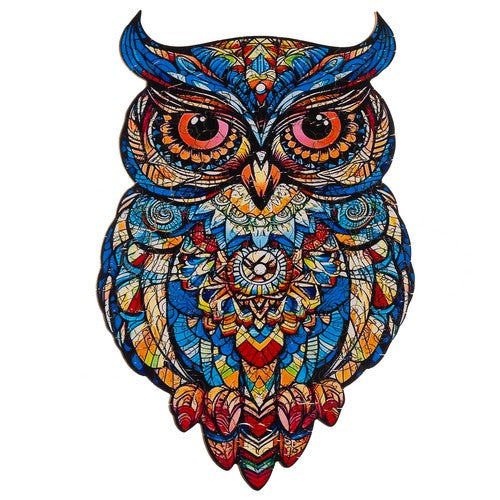 Puzzle din lemn, Zola, bufnita colorat, piese in forma de animale, 177 piese, saculet si cutie depozitare, marime 38 x 21.5 cm