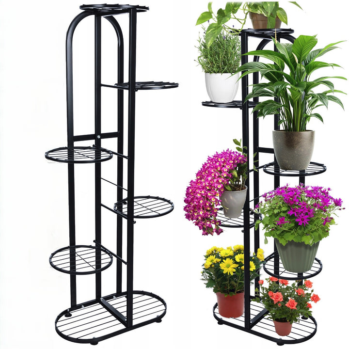 Suport metalic pentru ghivece de flori, Zola, 7 suporturi, diametru 21 cm, 45 x 23 x 108 cm, negru