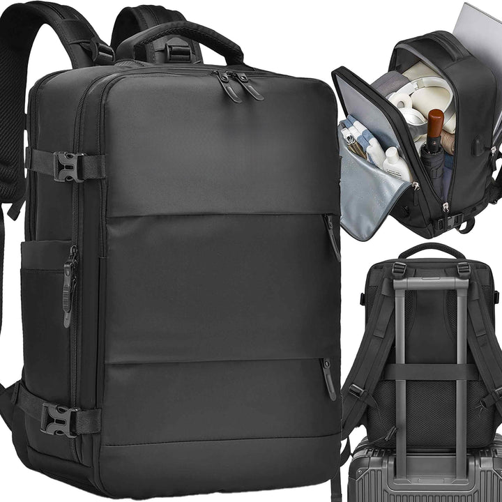 Rucsac calatorie avion, Zola, 40 x 30 x 20 cm, 12 buzunare si compartimente, spatiu incaltaminte, port USB, sistem agatare pe troler, negru