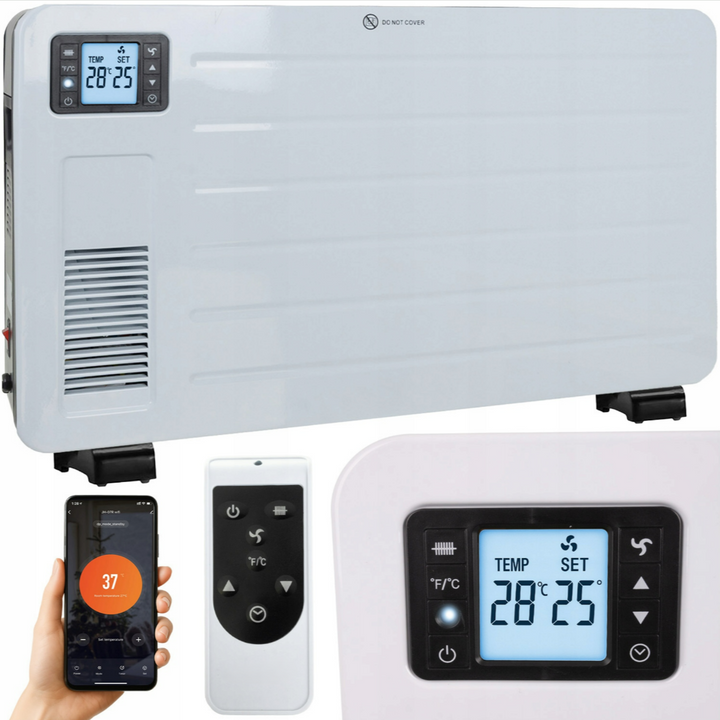 Convector electric Smart, Zola, 2300W, 3 trepte putere, termostat reglabil, mod eco, temporizator 24h, protectie supraincalzire si inclinare, telecomanda, 70 x 43 x 12 cm, alb