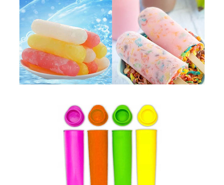 Set 4 forme pentru inghetata, Zola®, reutilizabile, din silicon cu capac, multicolore, 15x3.6 cm