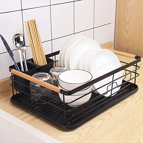 Scurgator de vase, Zola, tava de scurgere, suport pentru tacamuri, manere lemn, otel/plastic, 42×30×14 cm, negru/bej