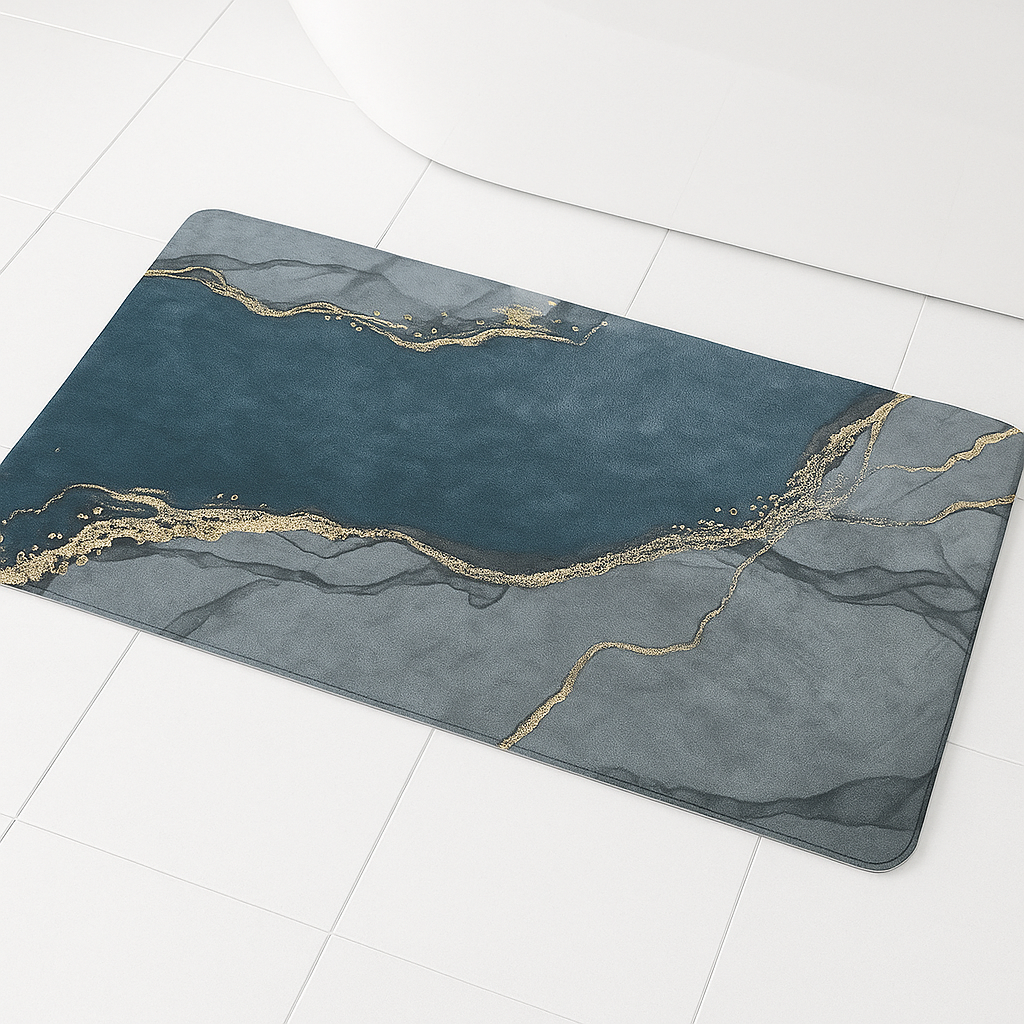 Covor de baie, Zola, model abstract, 50 x 80 cm, antiderapant, poliester, gri albastrui/auriu