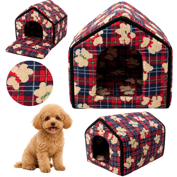 Patut pentru animale companie, Zola, forma de casuta, 32 x 37 x 36 cm, perna detasabila, model carouri si ursuleti
