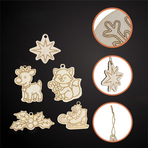 Set 24 globuri lemn pentru pictat, Zola, diferite modele, snururi incluse, 7 x 7 cm, bej