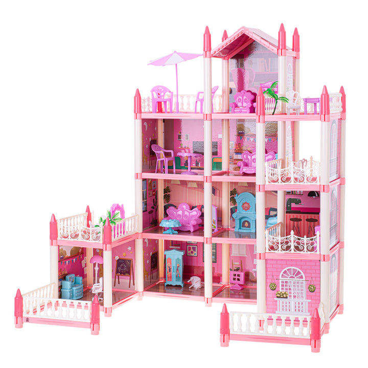 Casa de papusi pentru fetite, Zola®, cu 4 nivele, roz, cu mobilier, din plastic, 61x47x60 m