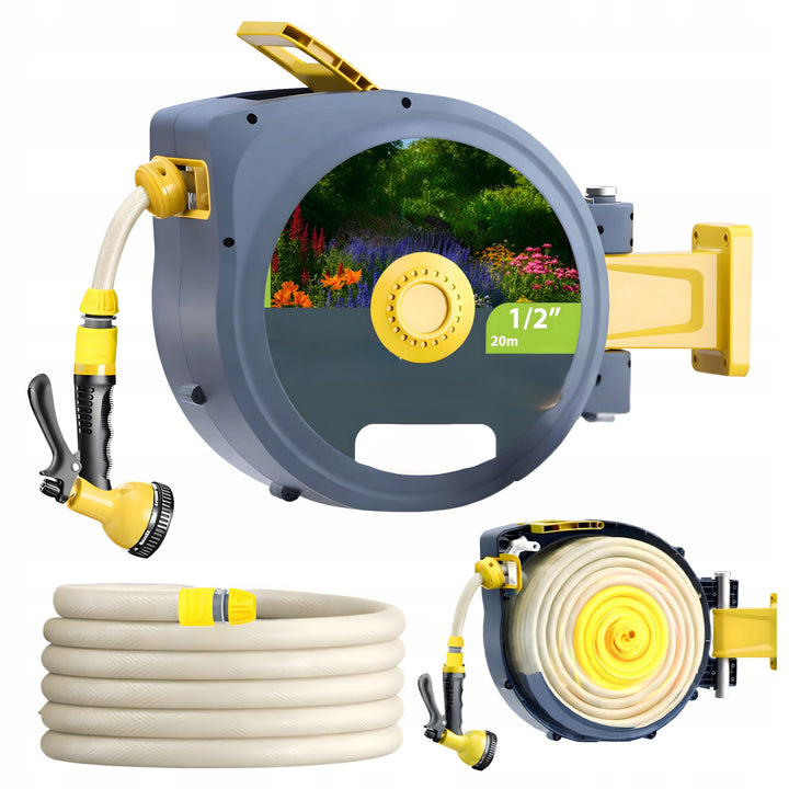 Tambur automat cu furtun de gradina, Zola, montare pe perete, 20 m, 1/2", sistem blocare, retractare automata, 51x26x40 cm, gri/galben