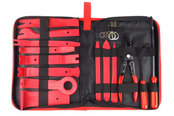 Set profesional cu 16 de instrumente extractoare, Zola®, pentru demontarea tapiteriei auto, radio si cleme, plastic, rosii