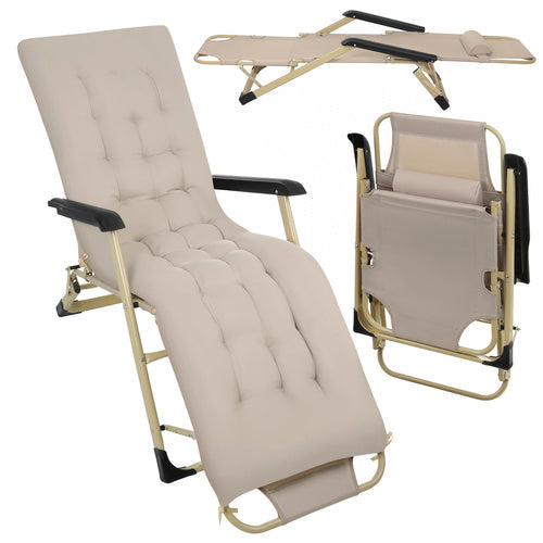 Sezlong pliabil de gradina, Zola, 3 pozitii ajustare, perna inclusa, tetiera detasabila, greutate suportata 120 kg, cadru fier, tesatura Oxford 600D, 125 x 61.5x 95 cm, bej