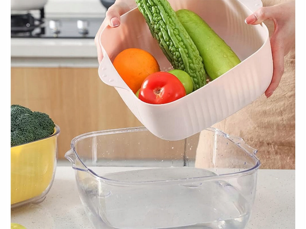 Bol 2 in 1 cu sita pentru spalat fructe si legume, Zola®, cu doua manere, bol transparent, din plastic, 28 x 26 x 12 cm, roz
