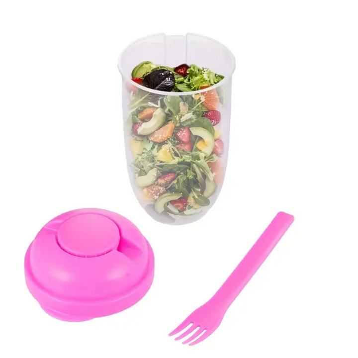Recipient pentru salata de fructe sau legume, Zola, din plastic, include furcutila si recipient sos, 19x9 cm, roz