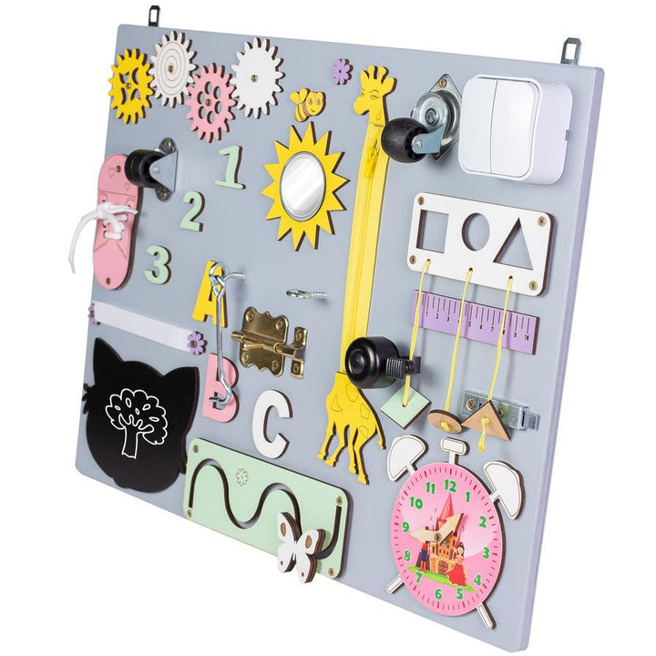 Placa senzoriala Montessori, Zola®, roti, fermoar, sonerie, siret, incuietori, intrerupator, ceas, ajuta la dezvoltarea motricitatii fine,  50 x 37.5 cm