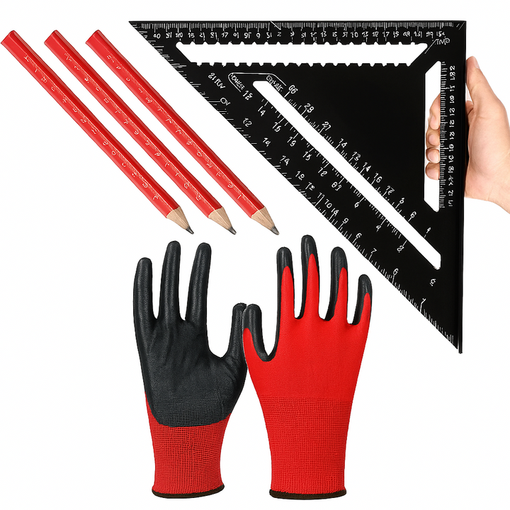Set echer tamplar, 3 creioane si manusi, Zola, aluminiu, unghiuri 90° si 45°, 180 x 180 x 4.5 mm, cu picior, margini finisate, triunghiular, negru