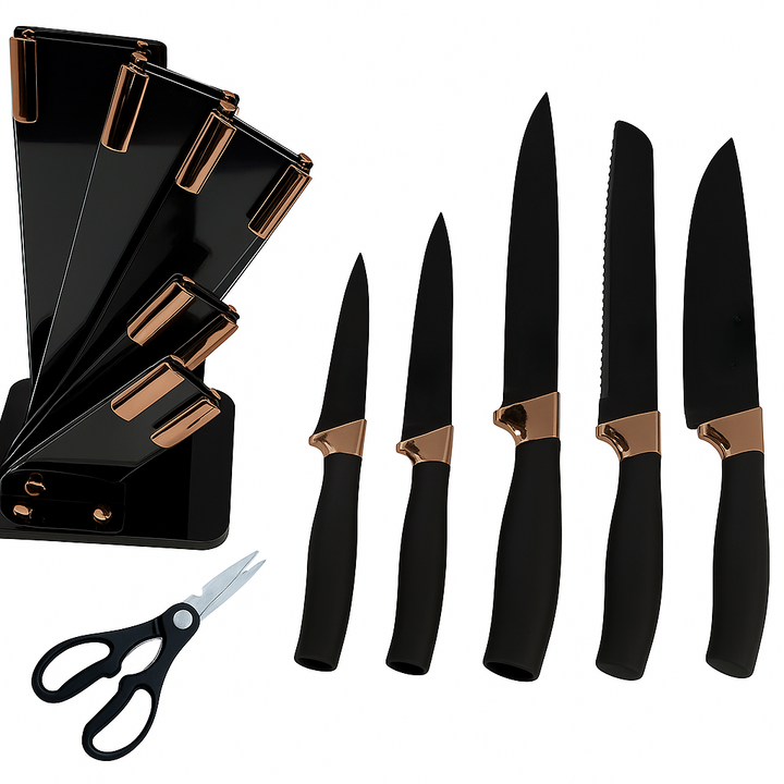 Set 5 cutite si foarfeca de bucatarie cu suport, Zola, maner ergonomic din plastic, multifunctionale, negru/rose gold
