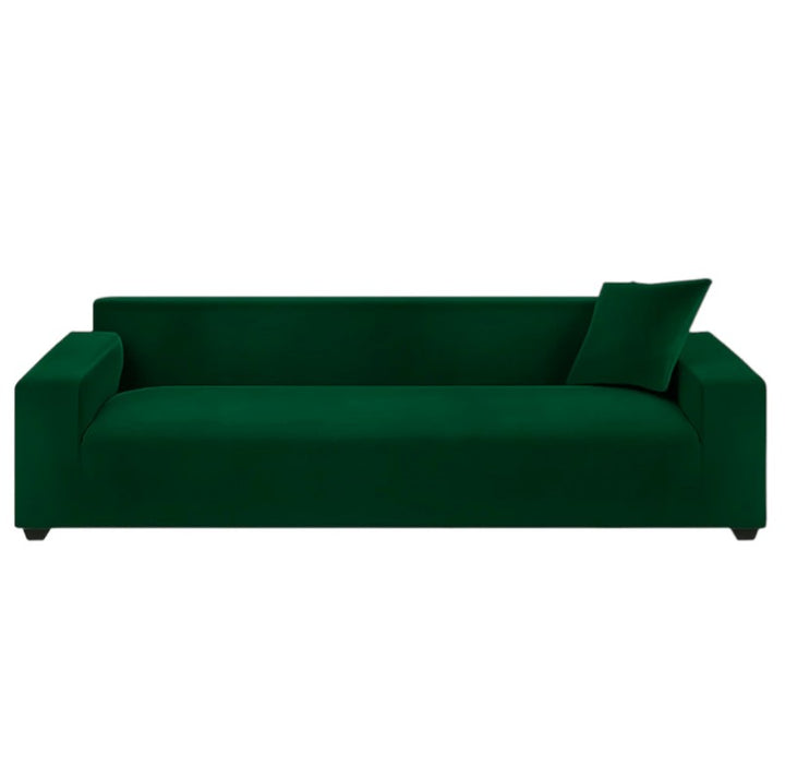 Husa din catifea pentru canapea si fata de perna, Zola, lungime 190-230 cm, fata perna 45 x 45 cm, benzi elastice, impermeabila, verde inchis