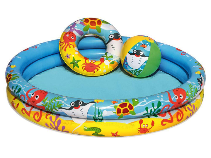 Set Piscina gonflabila pentru copii, Zola®, colac si minge, model vesel, 122x20 cm, capacitatea 137 L