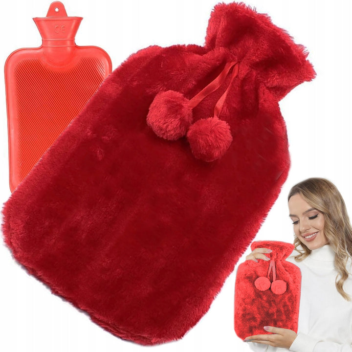 Perna pentru apa calda, Zola, capacitate 1.7 l, din cauciuc,  husa pufoasa, 35 x 20 cm, rosie