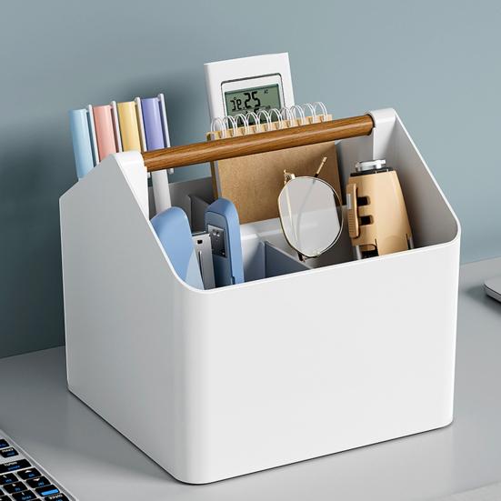 Organizator de birou, Zola, 4 compartimente, maner lemn, din plastic, 18 x 16.5 x 16.5 cm, alb
