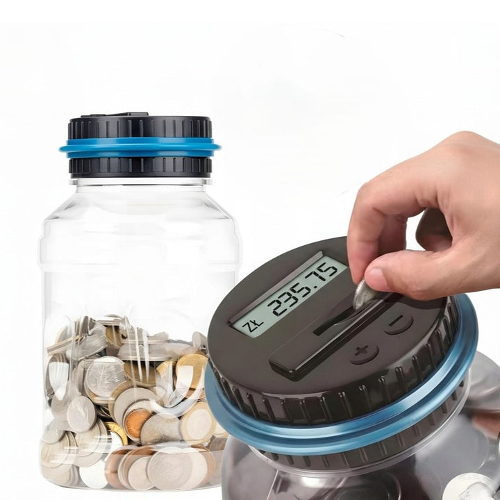 Pusculita digitala cu contor de monede, Zola, afisaj LCD, capacitate 1.8 l, pentru 800–1000 monede, plastic PE, alimentare baterii, 20.5 cm, transparenta