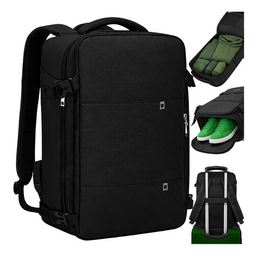 Rucsac de calatorie multifunctional, Zola, bagaj de mana avion, compartiment incaltaminte, port USB, fixare troler, 12 buzunare, negru