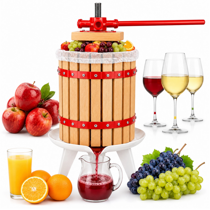 Teasc presa manuala pentru struguri si fructe, Zola, 6L, mecanism cu surub, cos din lemn, baza din otel emailat, inaltime 58 cm