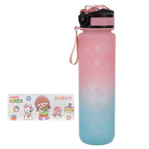 Sticla de apa cu pai, Zola, sistem de blocare capac, 1000 ml, marcator de timp cu mesaje, fara BPA, agatatoare, stikere decorative, 29 x 7.5 cm, mat, roz cu albastru