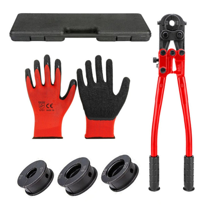 Set cleste hidraulic de serizat tevi PEX/AL/PERT si conducte, Zola, deschidere 28 mm, matrite conice TH 16/20/26 mm, compatibil matrite U, V, M, TH, manusi de protectie, cutie de depozitare