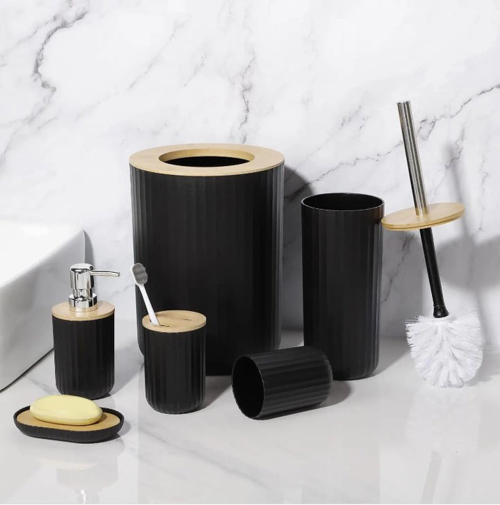 Set 6 accesorii pentru baie, Zola,  dispenser sapun lichid, suport periute si pasta de dinti, sapuniera, perie de toaleta cu suport, cos de gunoi, plastic si bambus, negru