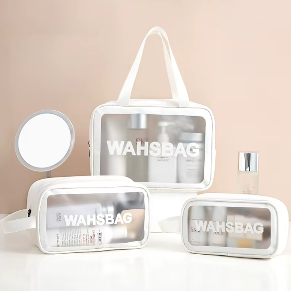 Set 3 genti de voiaj pentru cosmetice, Zola, impermeabile, marimi diferite 30 x 21 x 10 cm/ 25 x 15 x 8 cm/  20 x 12 x 7 cm, alb