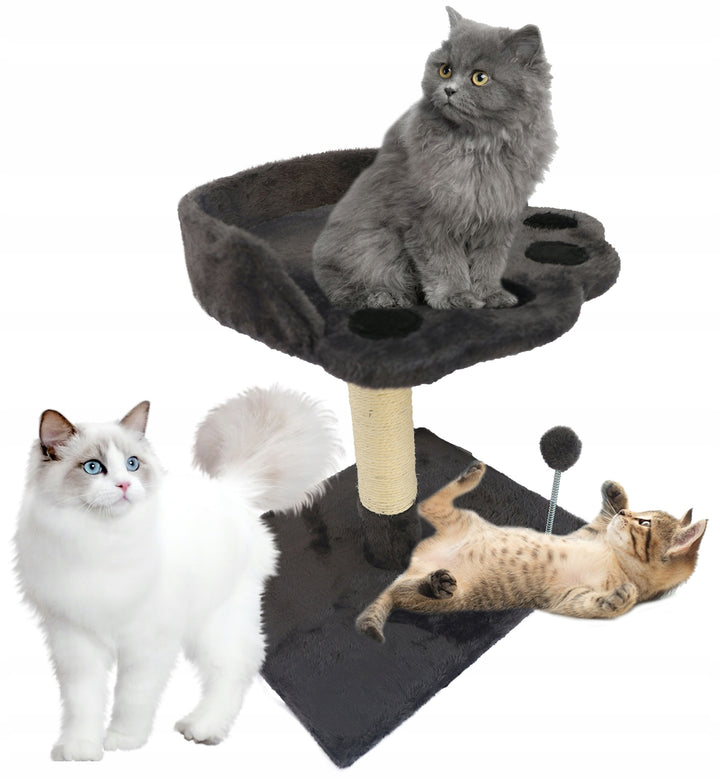 Ansamblu de joaca pentru pisici, Zola, 2 niveluri, forma labuta, stalp de zgariat, jucarie, MDF, iuta, 41.5 x 34.5 x 47.5 cm, gri inchis