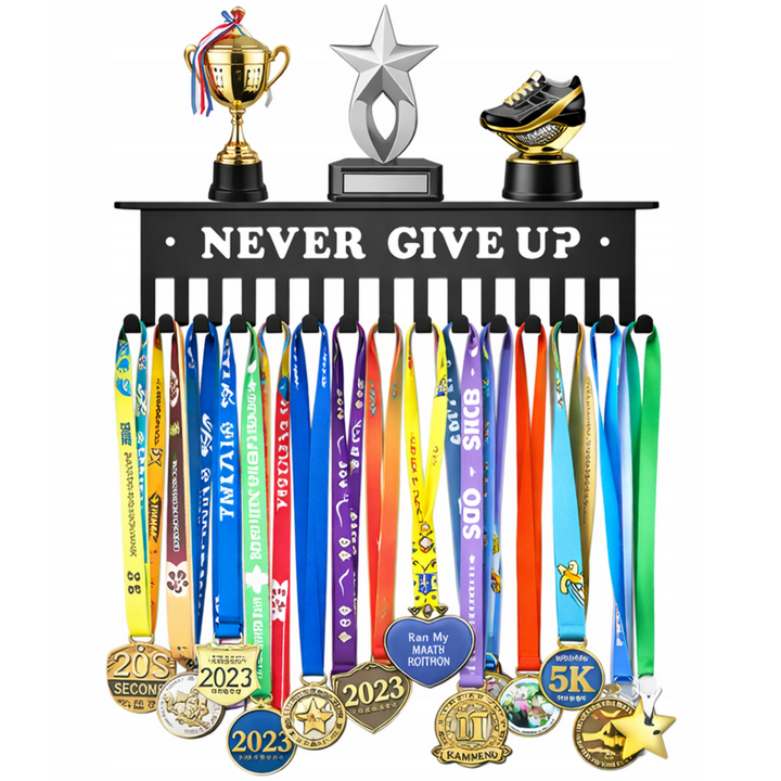 Suport pentru expunerea medaliilor si trofeelor, Zola, model "Never give up", cu 15 spatii, raft superior, montare pe perete, otel, 30 x 6.5 x 8.5 cm, negru
