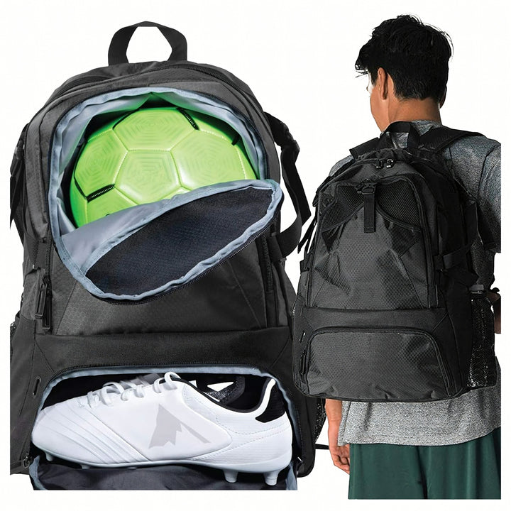 Rucsac pentru antrenament, Zola, compartiment special minge si pantofi, buzunare laterale, capacitate 35L, bretele reglabile, 48 x 32.5 x 18.5 cm, negru
