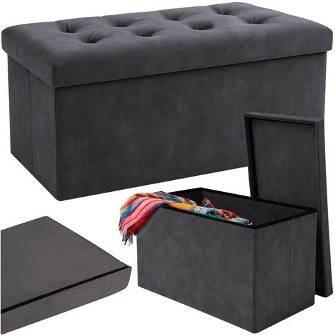 Taburet pliabil XXL cu spatiu de depozitare, Zola, capacitate 110 l, 76 x 38 x 38 cm, impermeabil, MDF, catifea, gri inchis
