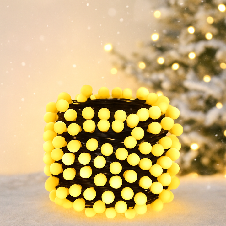 Instalatie LED de Craciun, Zola, globuri luminoase, 300 LED-uri, 30 m, IP44, 3.6 W, alb cald, 8 moduri iluminare, pentru exterior/interior, cablu negru