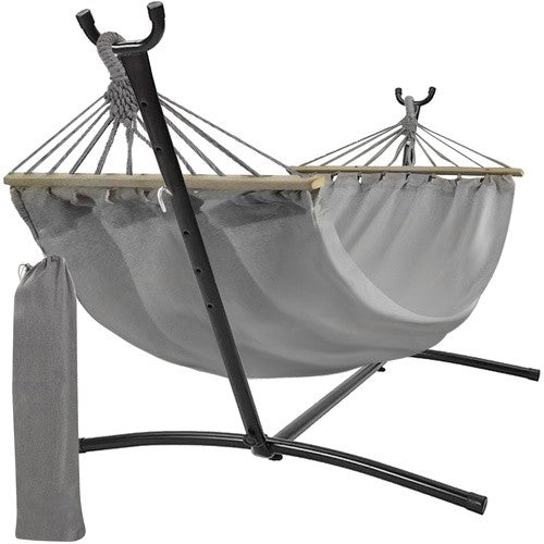 Hamac de gradina cadru XXL, Zola, 256 x 150 x 100 cm, gri, greutate maxima suportata 250 kg, cadru rezistent de fier, tesatura intarita, bumbac/poliester, geanta de depozitare