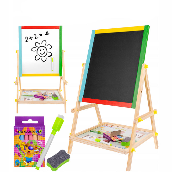 Tabla cu doua fete, Zola®, tip sevalet cu tavita depozitare, rama colorata, marker, creta si burete incluse, dimensiune 34x42x65 cm