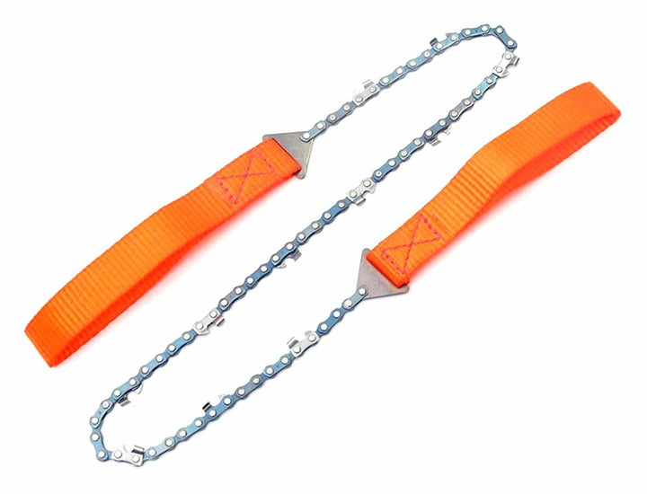 Mini fierastrau de buzunar, Zola®, tip lant, ideal pentru drumetii/camping, lungime lant 65 cm, totala 103 cm, din otel cu 11 dinti, manere portocalii
