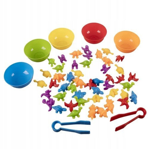 Joc montessori numarare, asociere si sortare culori, Zola, 48 dinozauri, recipiete colectare colorate, penseta, cutie depozitare, multicolori