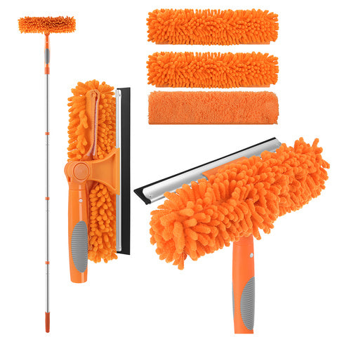 Stergator de geamuri 3 in 1 telescopic, Zola, 1.8 m, 180°, cu racleta si 3 lavete microfibra, 25 cm, portocaliu