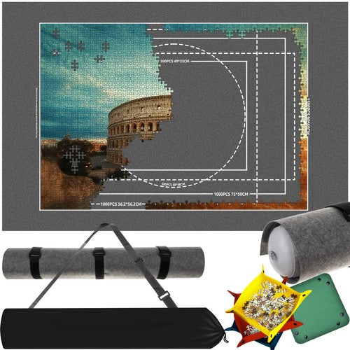 Covor pentru aranjat si depozitat puzzle pana la 1500 piese,  Zola®, suport gonflabil, din fetru, model imprimat pentru 5 dimensiuni, 4 recipiente sortat piese, husa depozitare gri, curele pentru f