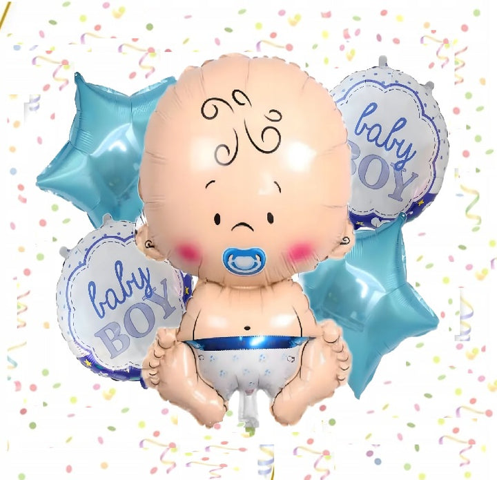 Set 5 baloane gender reveal, Zola, "Baby boy", diferite marimi, folie, albastru