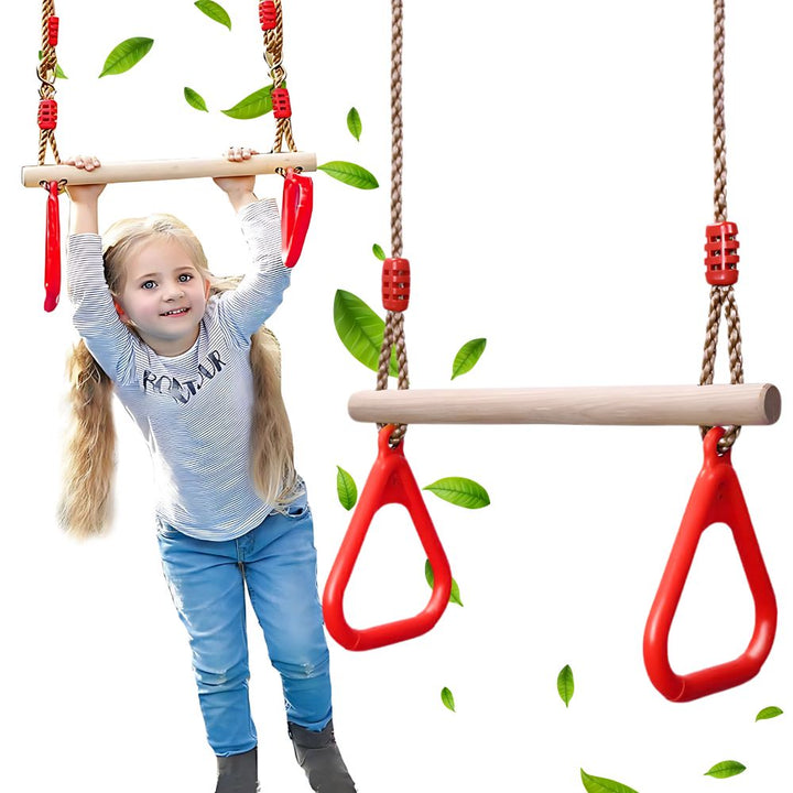 Leagan copii din lemn, Zola, cu inele gimnastica, reglabil, sustine 100 kg, rosu