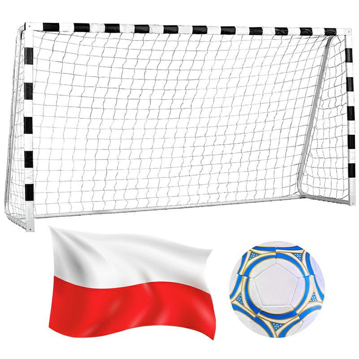 Poarta de fotbal XXL, Zola, 300 x 200 x 110 cm, cadru metal, minge PVC marimea 4, steag, plasa poliester, cuie fixare, alb / negru