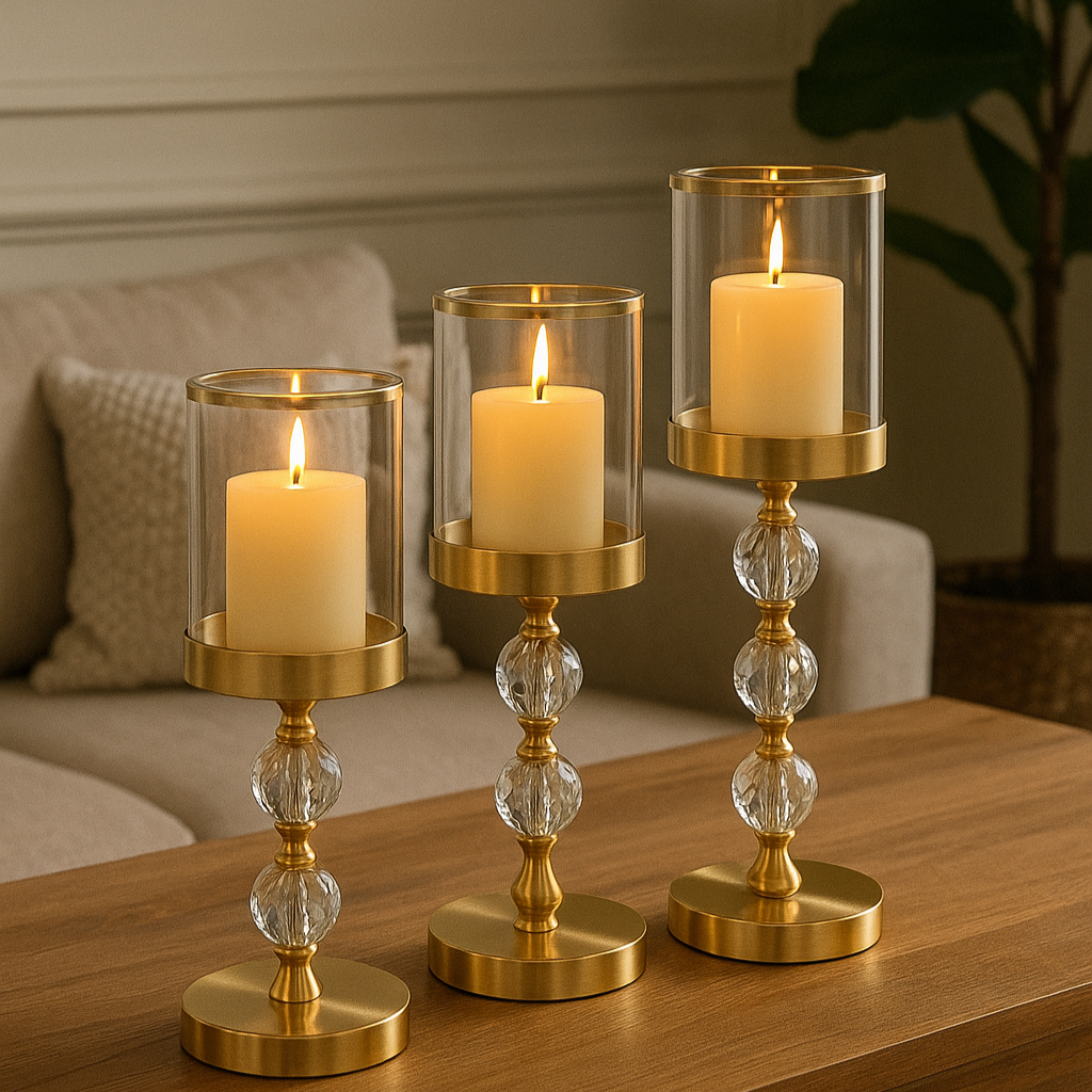 Set 3 suporturi lumanare tip sfesnic, Zola, insertii de oglinda, dimensiuni diferite 18/34.5/41 x 12 cm, sticla/metal, auriu